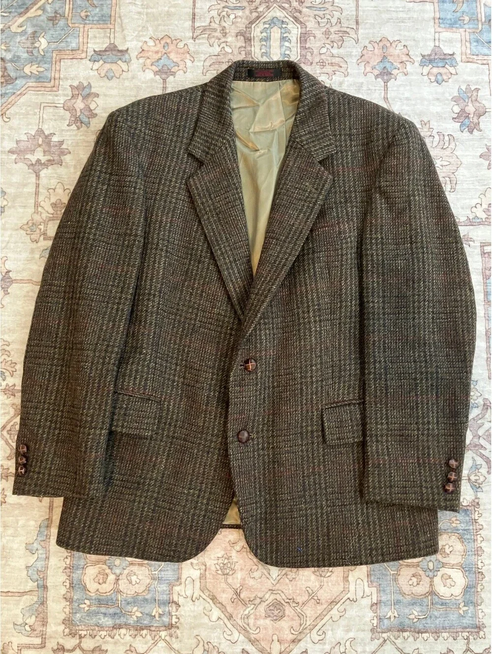 English Manor Mens 42S Brown Tweed Sport Coat Wool Plaid Blazer Two Button